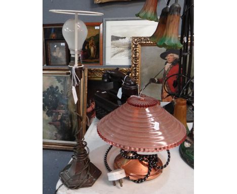 Brass table lamp base and a small copper desk lamp with Art Deco design pink stepped shade. (2)(B.P. 21% + VAT) 