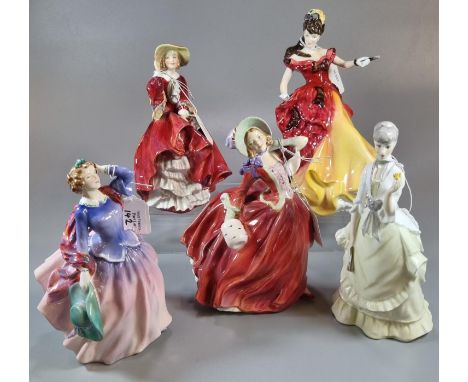 Four Royal Doulton bone china figurines to include; figurine of the year 1996 'Belle', 'Top O'the Hill', 'Blythe Morning' (AF