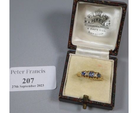 18ct gold Victorian five stone diamond and probably sapphire ring. Birmingham hallmarks. 3.6g approx. Ring size N.(B.P. 21% +