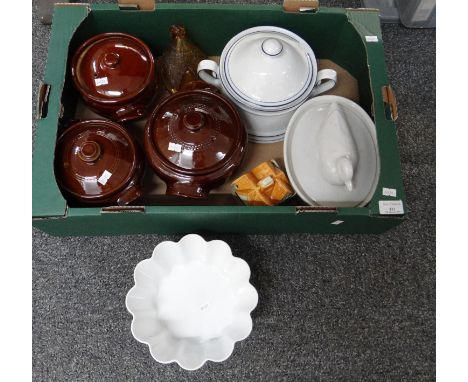 Box of mostly china to include: brown glazed earthenware lidded casserole dishes,  ceramic duck casserole, moulded glass chic