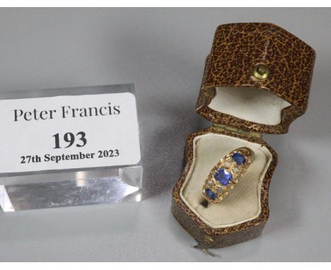 Victorian gold six stone diamond and blue stone ring. Indistinct hallmarks, missing one stone. 2.7g approx, ring size K & 1/2