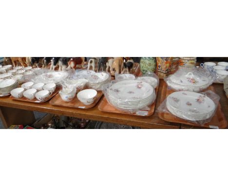 Four trays of Coalport floral design items to include: teacups and saucers, various plates, bowls, sauceboats, serving dishes