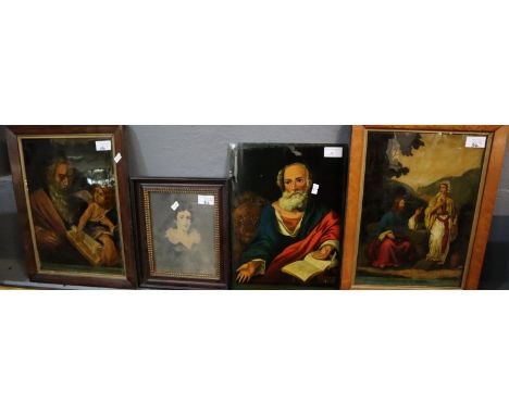 Three religious flat glass crystoleums, two framed. Together with a framed portrait print. (4)(B.P. 21% + VAT) 