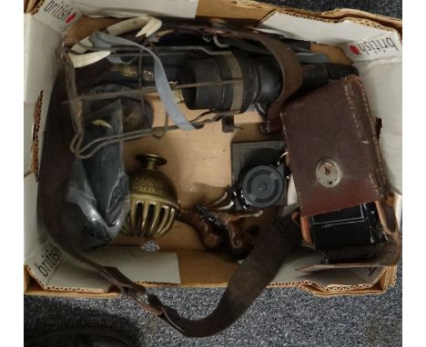 Box of assorted items to include: leather cased Agfa folding camera, glass cylinder with enamel elephant to end, compass, sma