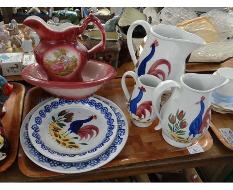 Tray of china to include: Pugh Brother Llanelli hand painted cockerel design for Portmeirion set of three graduated jugs and 