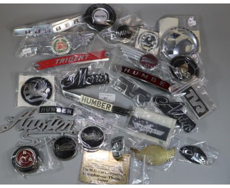 Collection of vintage and other car badges to include: Mini Cooper, Austin 6, Trident, Vauxhall, Humber, Cooper etc.(B.P. 21%