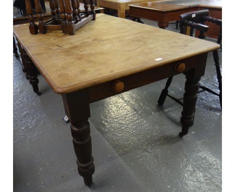 Victorian mahogany single drawer farmhouse kitchen table on ring turned baluster legs and casters. 158 x 100 x 76cm approx. (