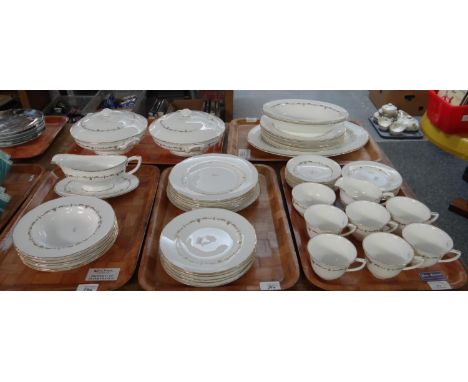 Five trays of Royal Worcester English fine bone china 'Gold Chantilly' dinner and teaware to include: various plates, bowls, 