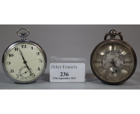 Early 20th Century silver open faced pocket watch with silvered face and Roman numerals. Together with a chrome open faced po