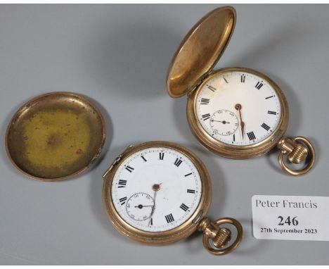 Dennison gold plated full hunter pocket watch. Together with another similar plated unmarked full hunter pocket watch. (2) (B