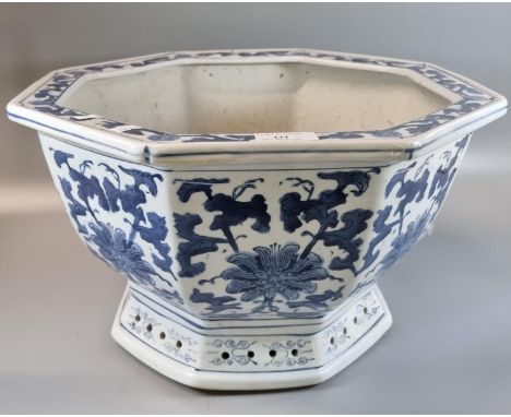 Modern Chinese style blue and white porcelain octagonal planter. 42cm diameter, 24cm high approx.(B.P. 21% + VAT) 