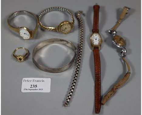 Bag of assorted ladies wristwatches, together with a silver bangle with Chester hallmarks and a dress ring etc. (B.P. 21% + V