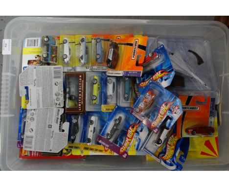 Plastic box of assorted diecast model vehicles to include: Hotwheels, Matchbox, Maisto, Corgi etc. All in original boxes and 