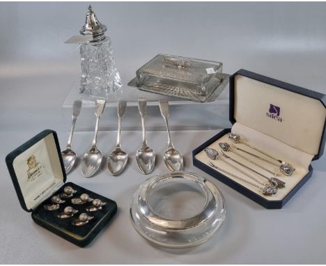 Tray of silver and other items to include: five 19th Century teaspoons (3 troy ozs approx), silver rimmed and glass ashtray, 