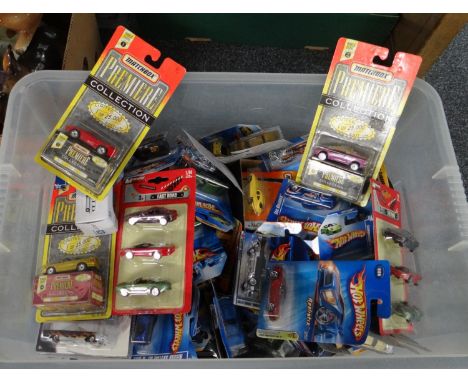 Large box of assorted diecast model vehicles, all in original packaging to include: a large collection of Hotwheels, Matchbox