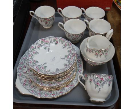 Tray of Royal Albert 'Rosedrop' design teaware to include: teacups and saucers, plates, milk jug, sugar bowl and serving dish