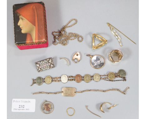 Printed portrait box, the interior revealing assorted items including; Grand Tour portrait bracelet, rolled gold bracelet mar
