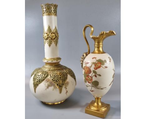 Royal Worcester 1144 blush ivory ewer on square base decorated with Bacchus, flowers and foliage. 28.5cm approx. Together wit