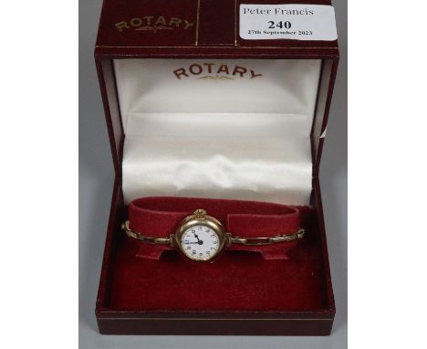 Early 20th Century enamel faced 9ct gold bracelet watch. 14.6g approx. In associate Rotary watch box.(B.P. 21% + VAT) 