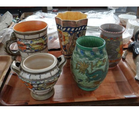 Tray of Crown Ducal ware Charlotte Rhead design tube lined items to include: various vases; one dragon design, handled vase o