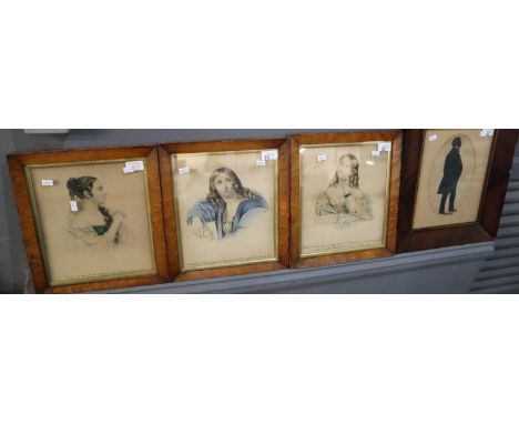A group of three devotional portrait prints in maple frames with gilt slips. Together with a full length portrait silhouette 