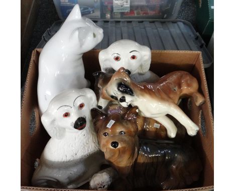 Box of ceramic dog figures to include: Staffordshire seated spaniels, Capstan pottery Yorkshire terrier and Rough Collie, Bes