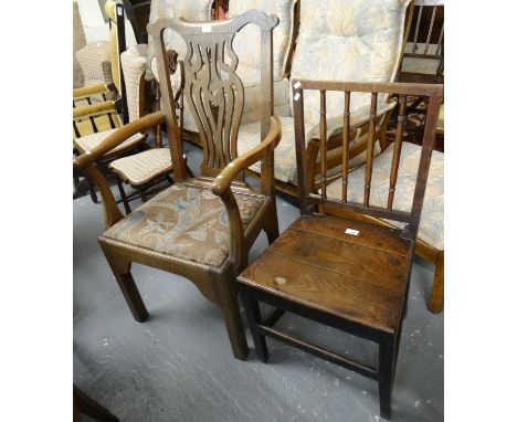 Early 19th Century oak stick back farmhouse kitchen chair. Together with an oak Chippendale style carver or elbow chair with 