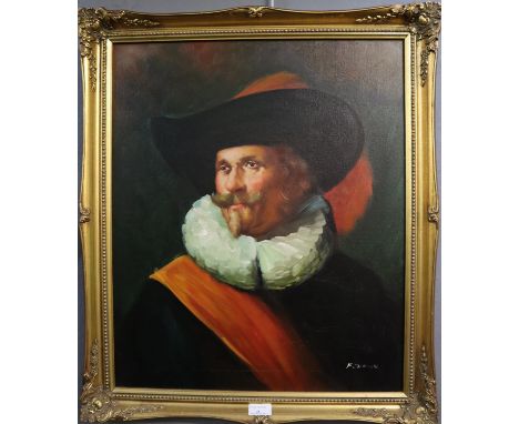 F Rowe (20th Century), portrait of a cavalier, signed, oils on canvas. 59 x 50cm approx. Framed. (B.P. 21% + VAT) 