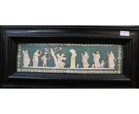 Jasperware ceramic plaque depicting mythical figures. 11.5 x 45cm approx. Framed. (B.P. 21% + VAT) Appears to have been overp