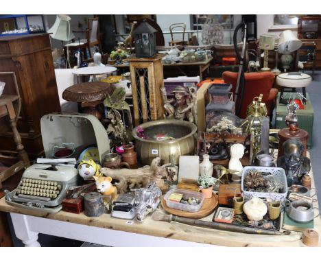 A walnut pipe-rack with six various pipes; a brass fluted jardinière; a portable typewriter; a brass wall lantern; &amp; sund