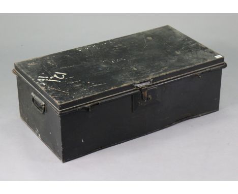 A vintage jappaned-tin travelling trunk with a hinged lift-lid, 37” wide x 12¼” high. 