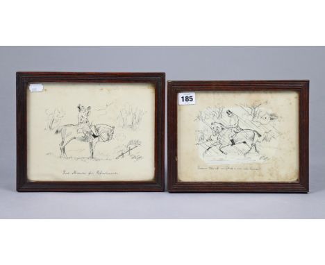 A pair of black and white humorous equestrian prints titled “Drawn Blank-(and a nice ride home)”, and “five minutes for refre