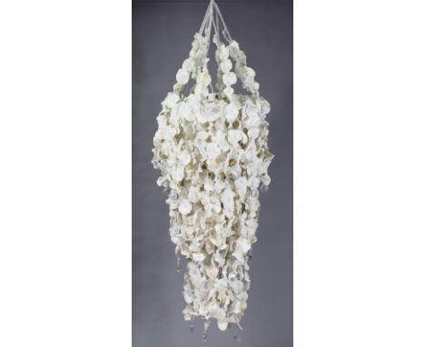 A contemporary large pendant light fitting, composed of white-painted jacaranda seeds and hung with pendant glass drops, 59” 