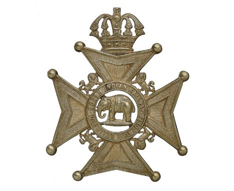 Badge. Indian Army. South Indian Railway Volunteer Rifle Corps head-dress badge. Scarce die-stamped white metal British made 