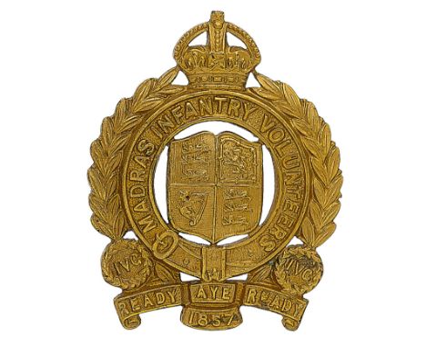 Badge. Indian Army. Madras Infantry Volunteers AFI Officer’s cap badge.  Fine British made die-cast gilt example by A & N C.S