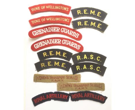 Selection of WW2 & Post WW2 British Army Pairs Cloth Embroidered Shoulder Title  Badges. Comprising: Duke of Wellington’s ...