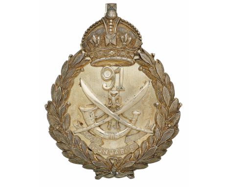 Badge. Indian Army. 91st Punjabis (Light Infantry) Officer’s pouch belt plate circa 1903-22. A fine die-stamped unmarked silv