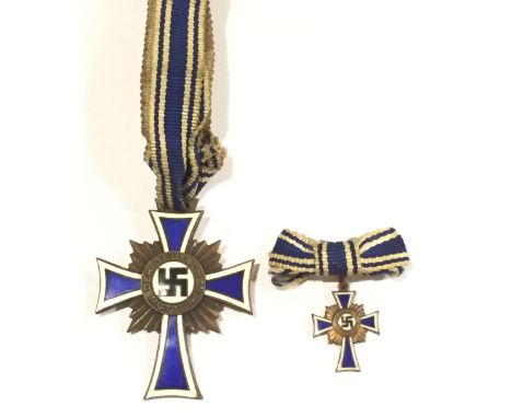 German Third Reich 3rd Class Cross of Honour of the German Mother and miniature Bronze example with blue and white enamelled 