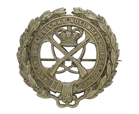 Badge. Indian Army. East Indian Railway Volunteer Rifle Corps Victorian pagri badge. Good die-stamped white metal example. Ti