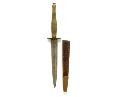 WW2 scarce 2nd pattern Fairbairn Sykes personalised fighting knife. A good rare example with Parkerised grip with chequered d
