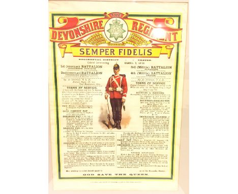 Late Victorian Devonshire Regiment Recruiting Poster. This colourful original poster, depicts the Regimental Cap Badge and a 