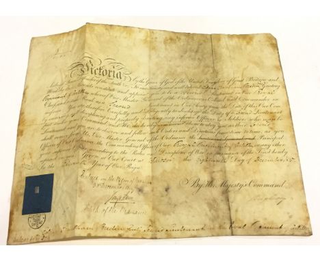Royal Artillery 1847 Officer’s Commission. A scarce vellum example appointing Edgar Grantham Bredin Second Lieutenant on the 