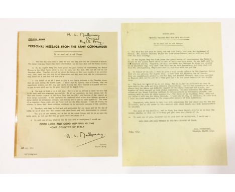 July 1943 Monty’s Personal Message to His 8th Army Signed Leaflet. This leaflet informs the 8th Army that it is now time to c