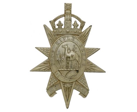 Badge. Indian Army. Sind Rifle Corps helmet plate. Fine die-stamped white metal British made example. Crowned ten pointed elo