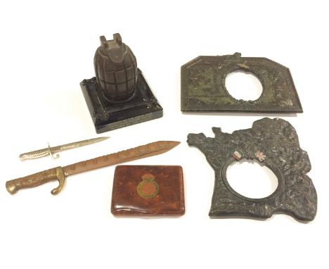 Selection of WW1 Patriotic Items. Comprising: British hand grenade made into an inkwell. Mounted onto original pottery stand,