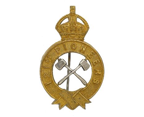 Badge. Indian Army. 121st Pioneers Officer’s pagri badge. Fine British made die-stamped gilt example. Crowned title strap wit
