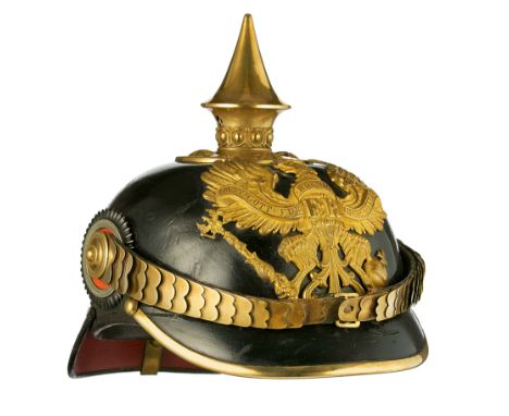 Imperial German NCO’s pickelhaube. A fine Officer quality example. Polished black leather skull, font and rear peaks; the fro