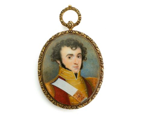 Miniature Portrait Painting of a British Officer Circa 1830-1855. This fine quality portrait depicts the head and shoulders o