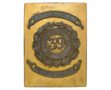 Badge. Indian Army. 39th Bengal Native Infantry Officer’s shoulder belt plate circa 1829-44. Fine example.  Rich fire-gilt re