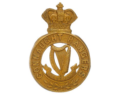Badge. Irish. Connaught Rangers Victorian OR’s glengarry badge circa 1881-90. A good die-stamped brass example. Crowned circl
